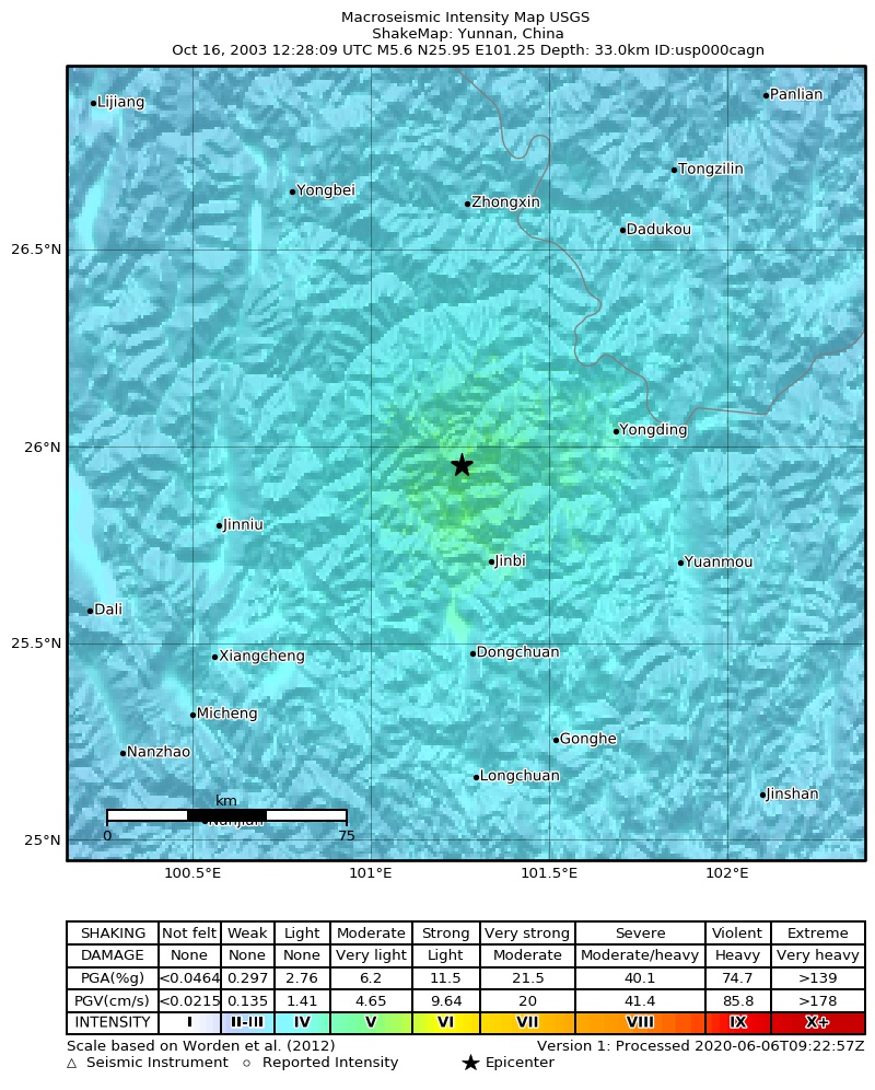 USGS ShakeMap: estimated shaking intensity around the epicenter
