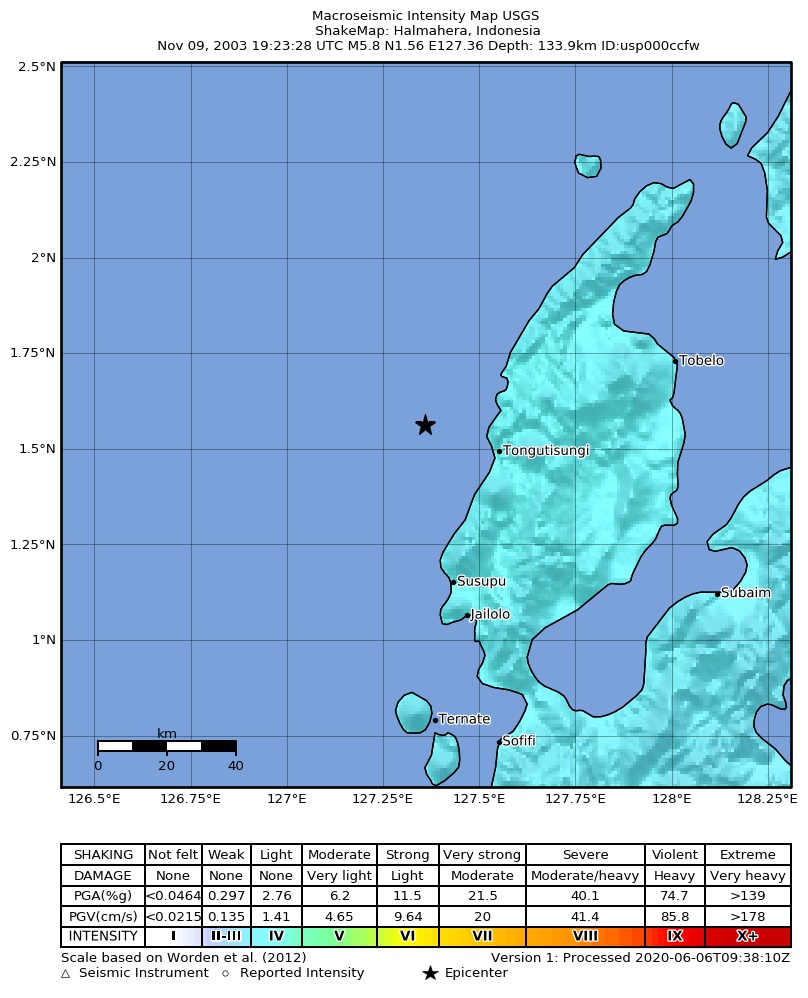 USGS ShakeMap: estimated shaking intensity around the epicenter