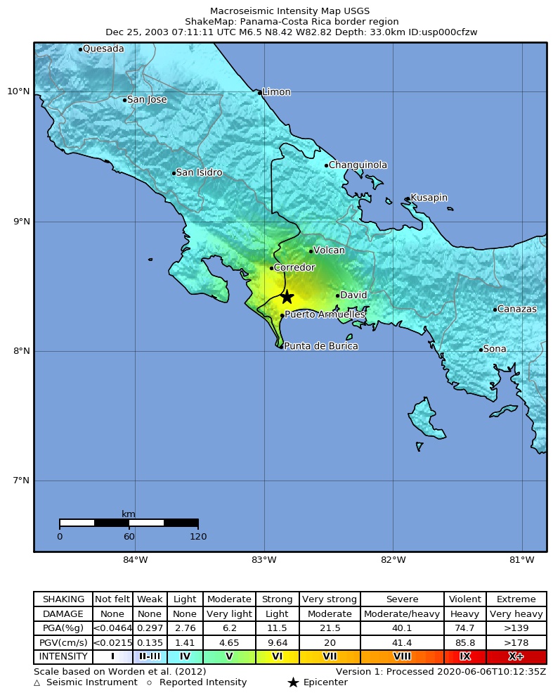 USGS ShakeMap: estimated shaking intensity around the epicenter