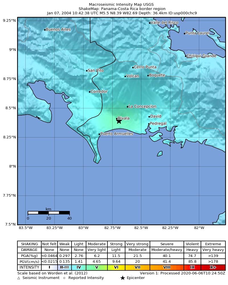 USGS ShakeMap: estimated shaking intensity around the epicenter
