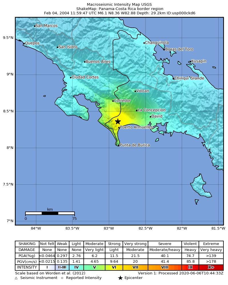 USGS ShakeMap: estimated shaking intensity around the epicenter