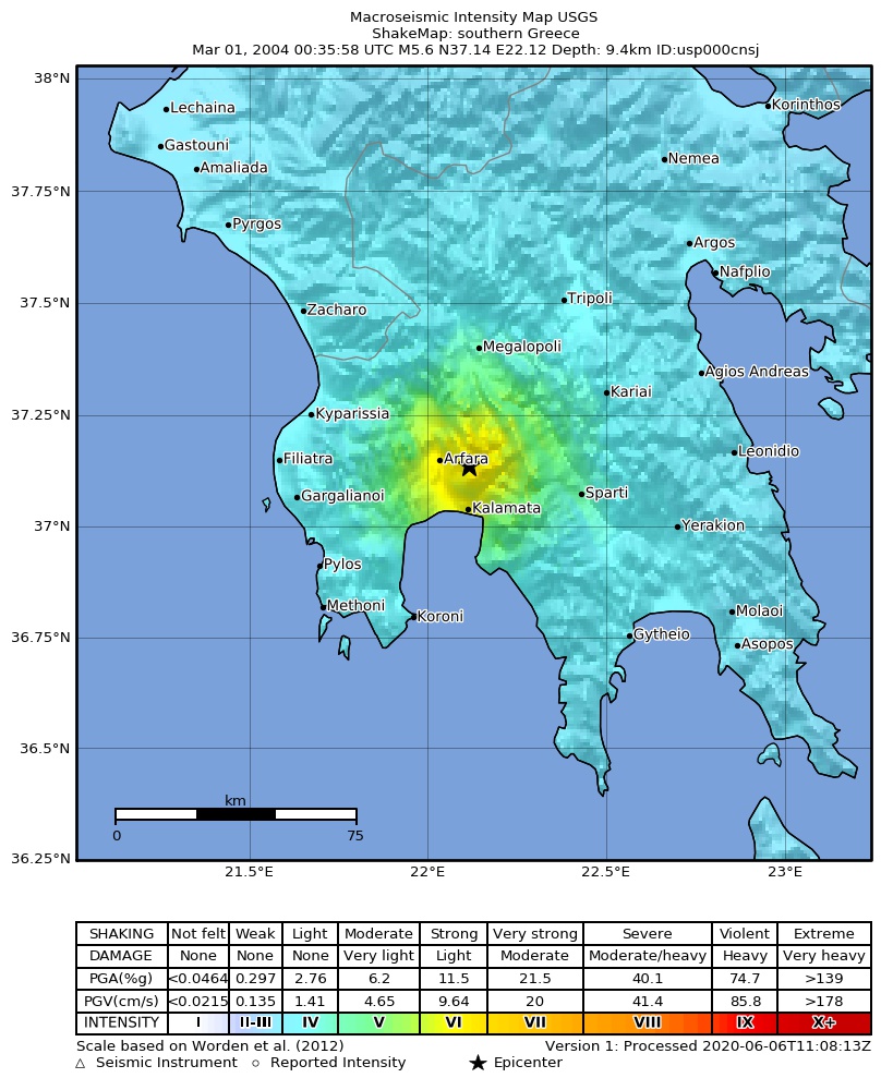 USGS ShakeMap: estimated shaking intensity around the epicenter