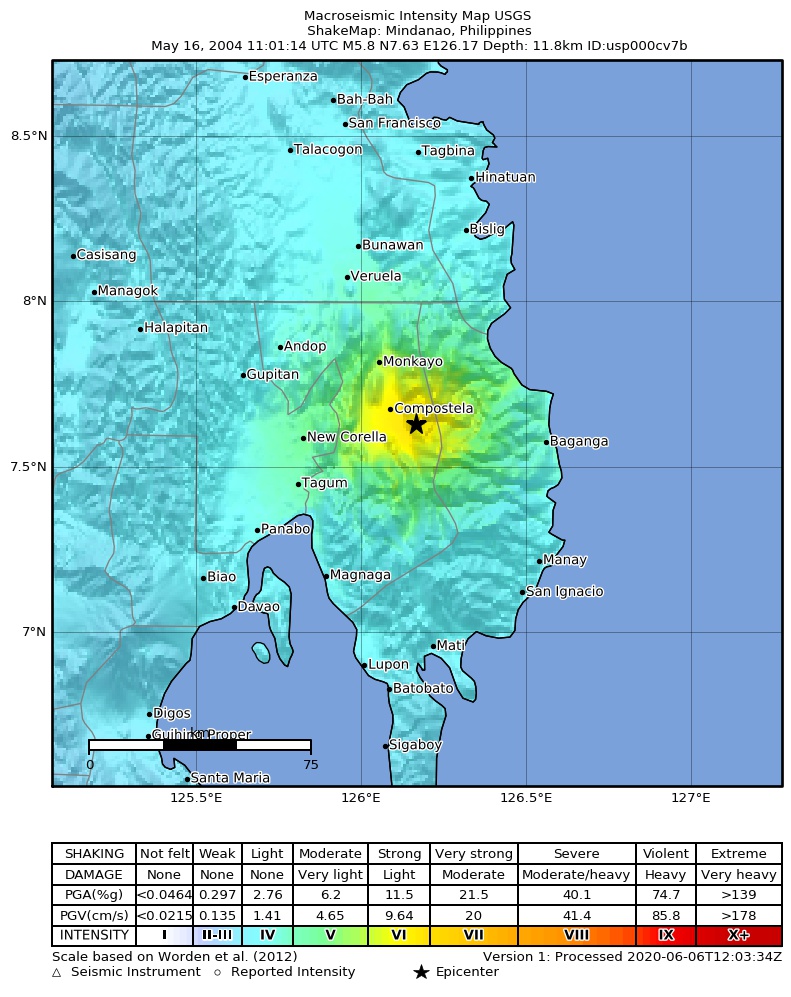 USGS ShakeMap: estimated shaking intensity around the epicenter