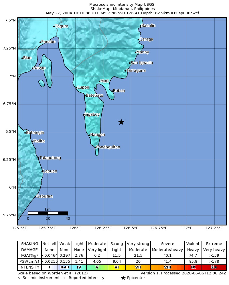 USGS ShakeMap: estimated shaking intensity around the epicenter