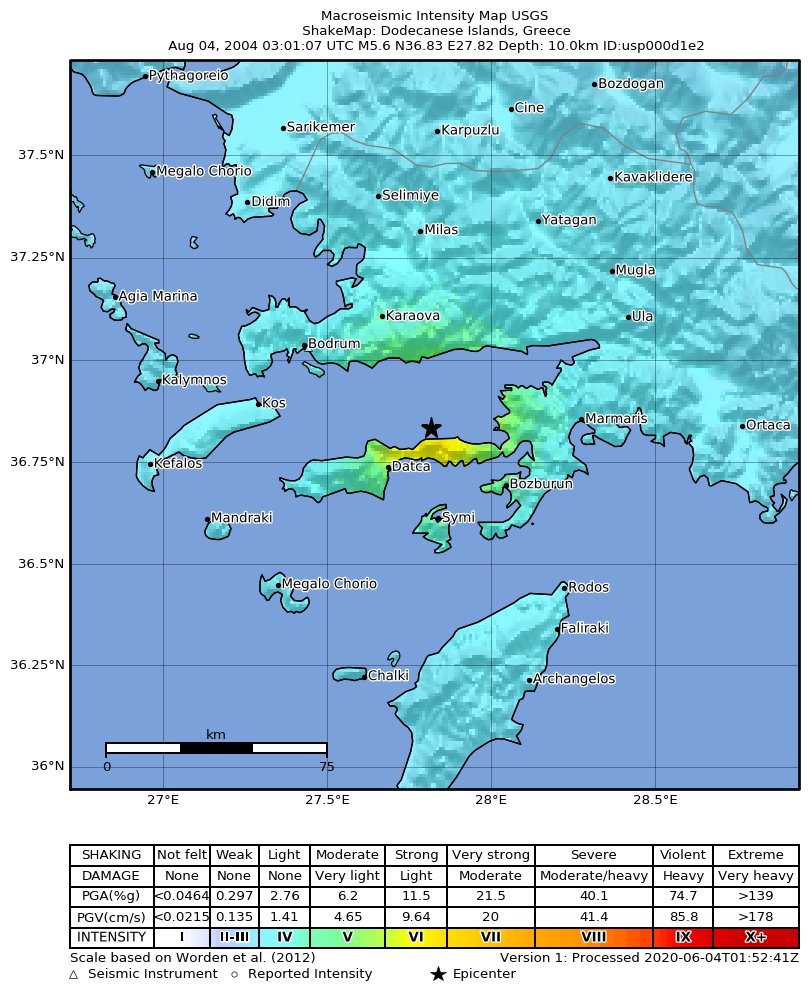 USGS ShakeMap: estimated shaking intensity around the epicenter