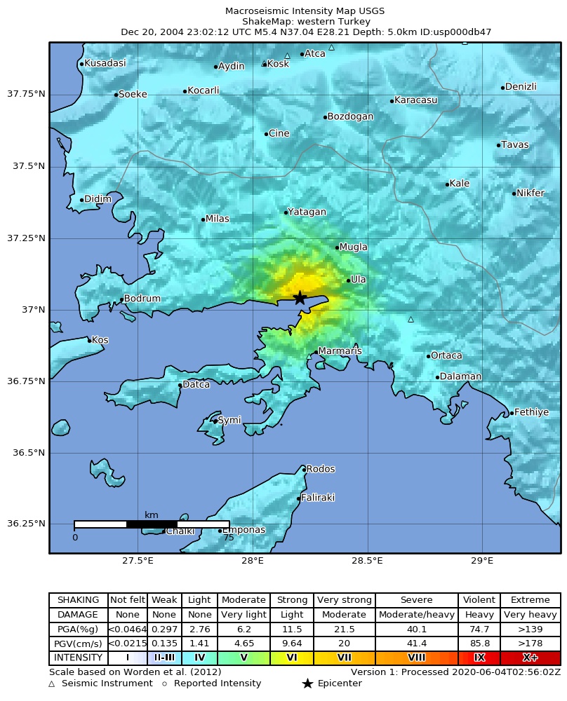 USGS ShakeMap: estimated shaking intensity around the epicenter