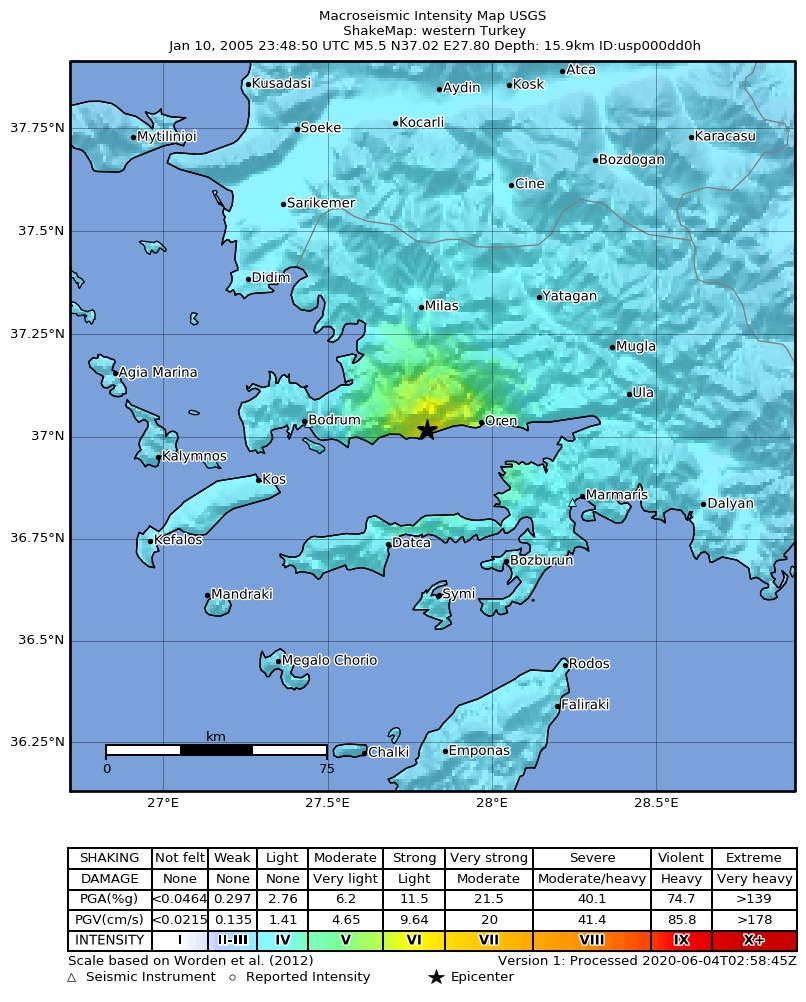 USGS ShakeMap: estimated shaking intensity around the epicenter