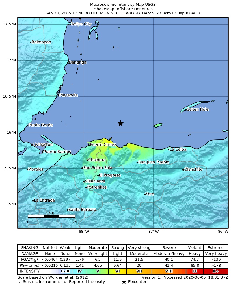 USGS ShakeMap: estimated shaking intensity around the epicenter