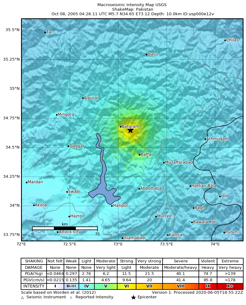 USGS ShakeMap: estimated shaking intensity around the epicenter