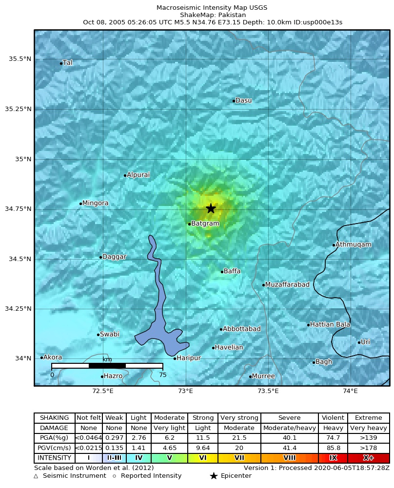 USGS ShakeMap: estimated shaking intensity around the epicenter