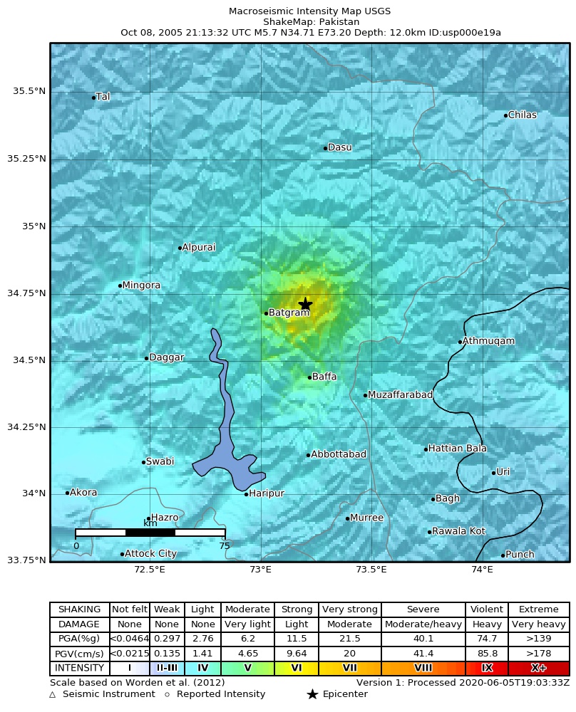USGS ShakeMap: estimated shaking intensity around the epicenter
