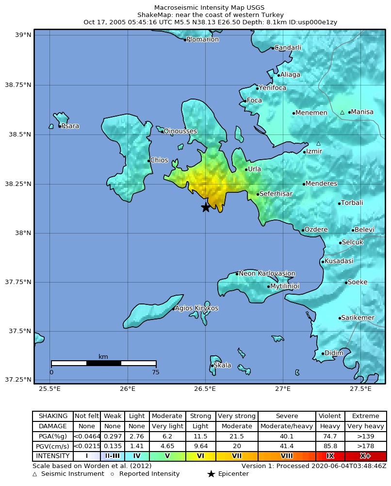 USGS ShakeMap: estimated shaking intensity around the epicenter