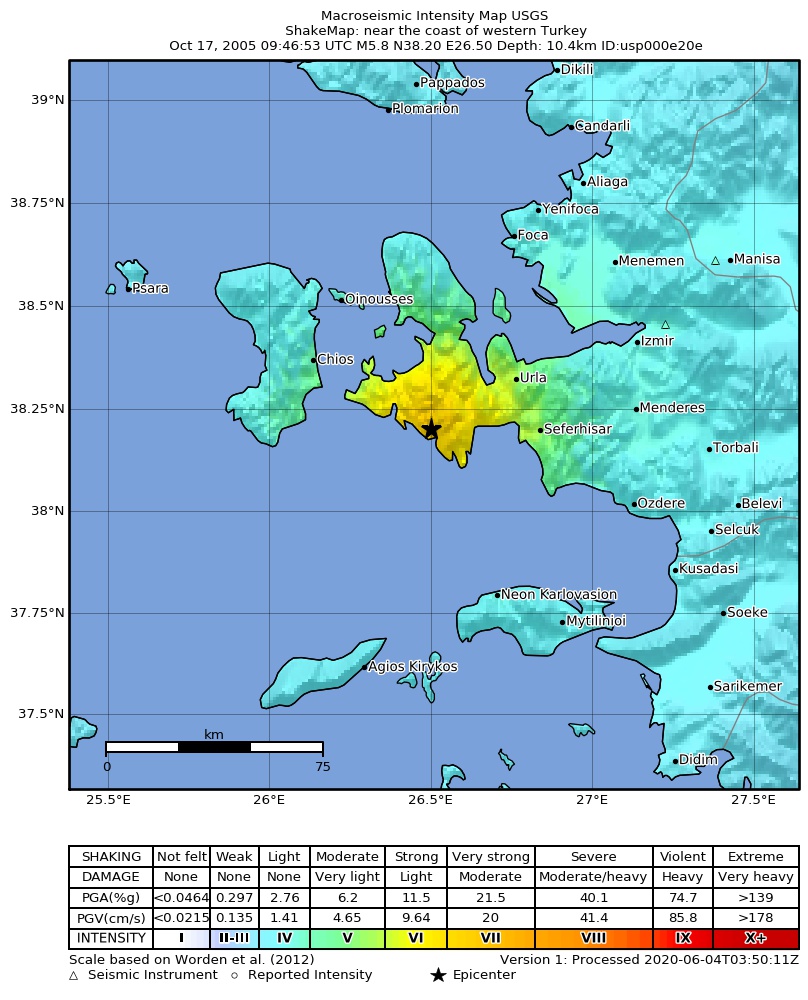 USGS ShakeMap: estimated shaking intensity around the epicenter