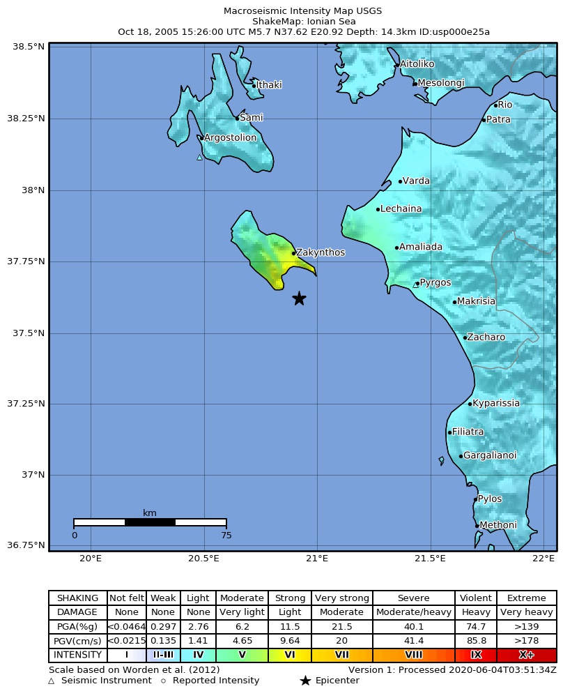 USGS ShakeMap: estimated shaking intensity around the epicenter
