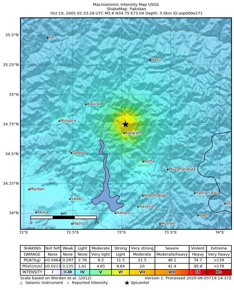 USGS ShakeMap: estimated shaking intensity around the epicenter