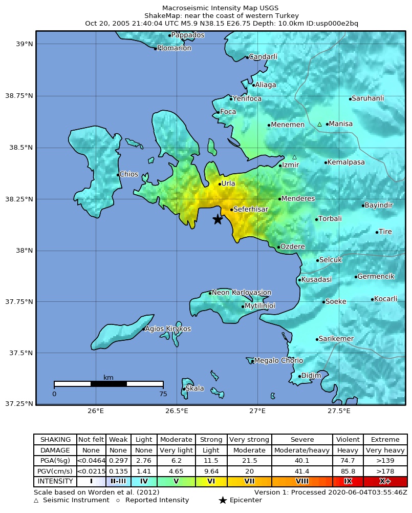 USGS ShakeMap: estimated shaking intensity around the epicenter