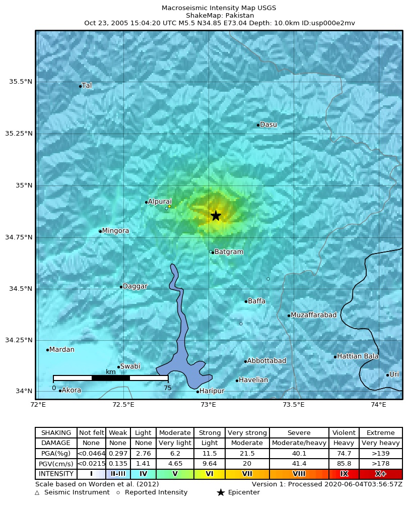 USGS ShakeMap: estimated shaking intensity around the epicenter