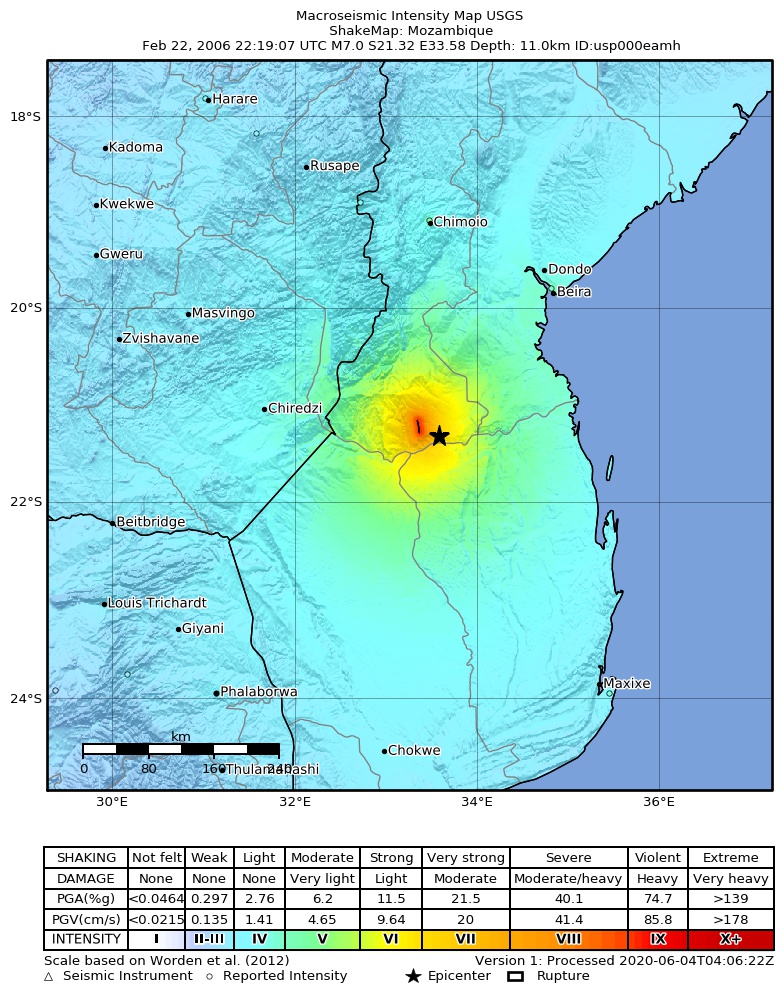 USGS ShakeMap: estimated shaking intensity around the epicenter