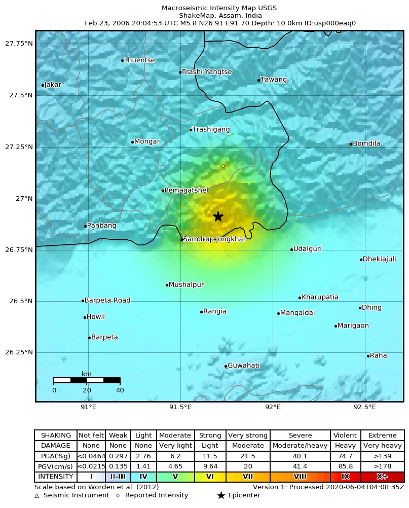 USGS ShakeMap: estimated shaking intensity around the epicenter