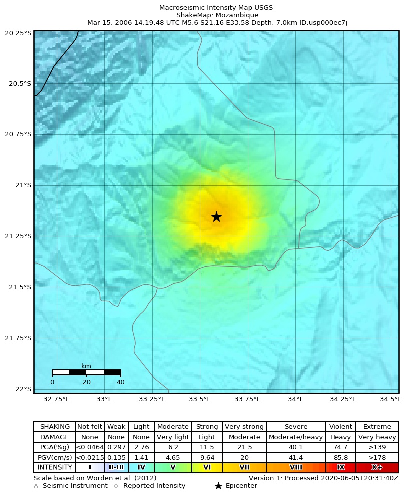 USGS ShakeMap: estimated shaking intensity around the epicenter