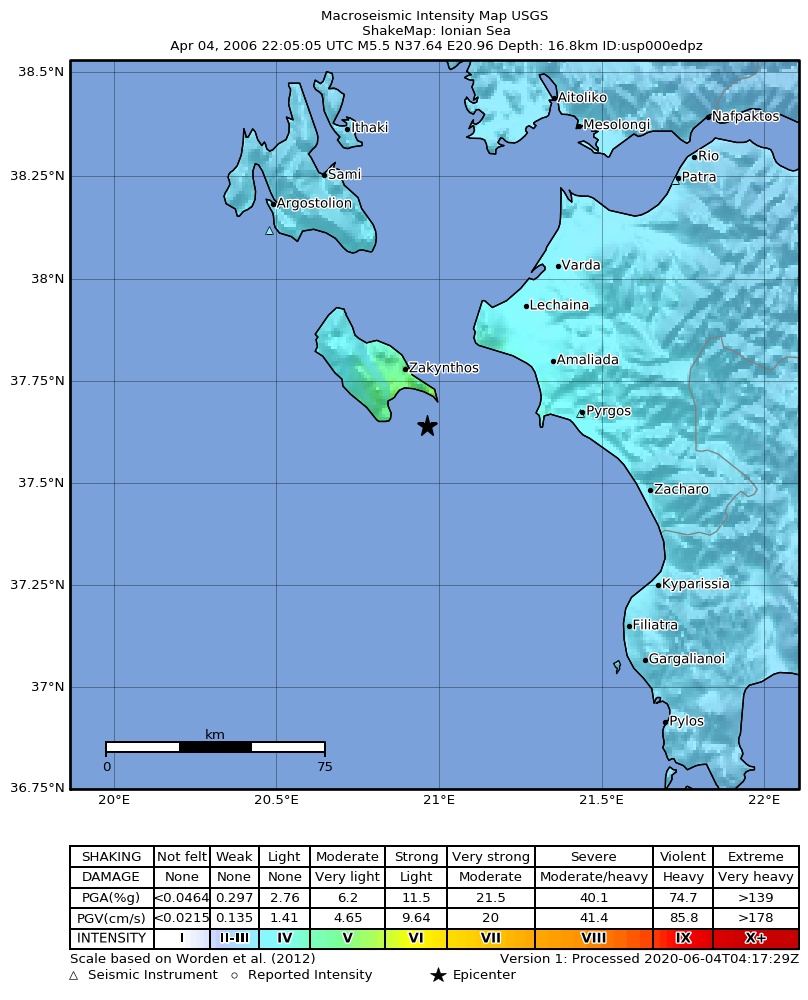 USGS ShakeMap: estimated shaking intensity around the epicenter