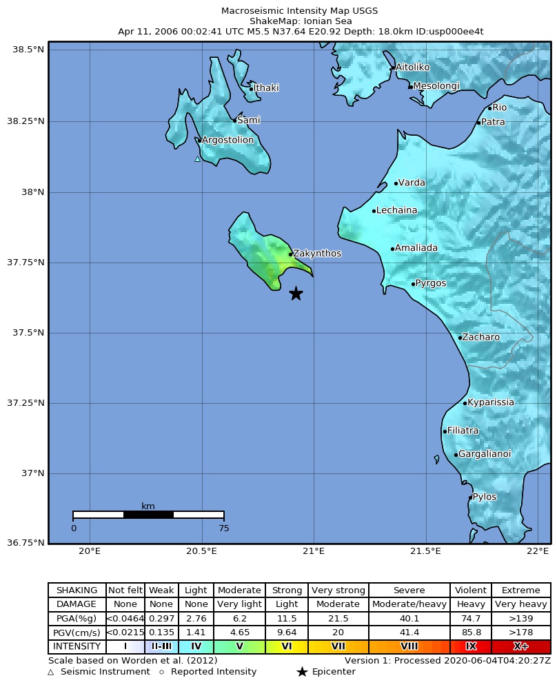 USGS ShakeMap: estimated shaking intensity around the epicenter