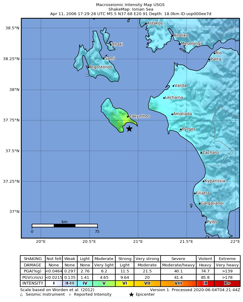 USGS ShakeMap: estimated shaking intensity around the epicenter
