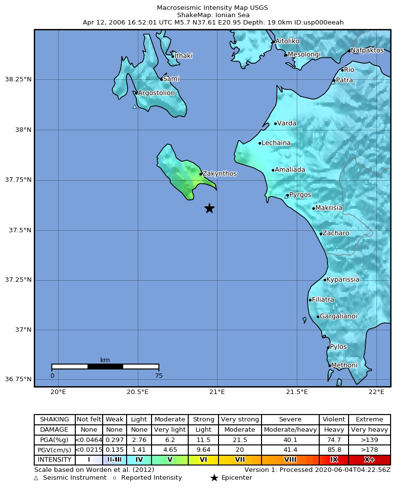 USGS ShakeMap: estimated shaking intensity around the epicenter
