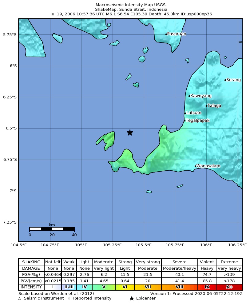 USGS ShakeMap: estimated shaking intensity around the epicenter