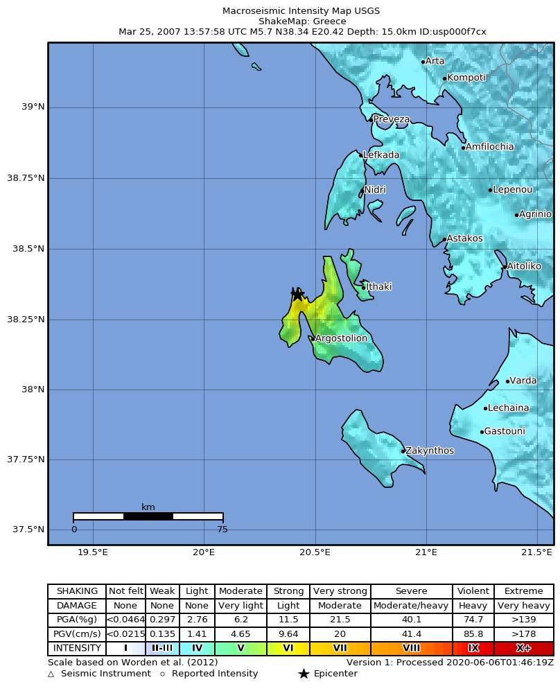 USGS ShakeMap: estimated shaking intensity around the epicenter