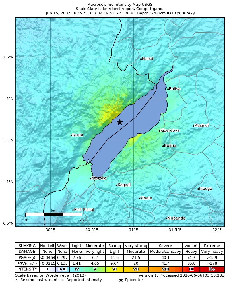 USGS ShakeMap: estimated shaking intensity around the epicenter