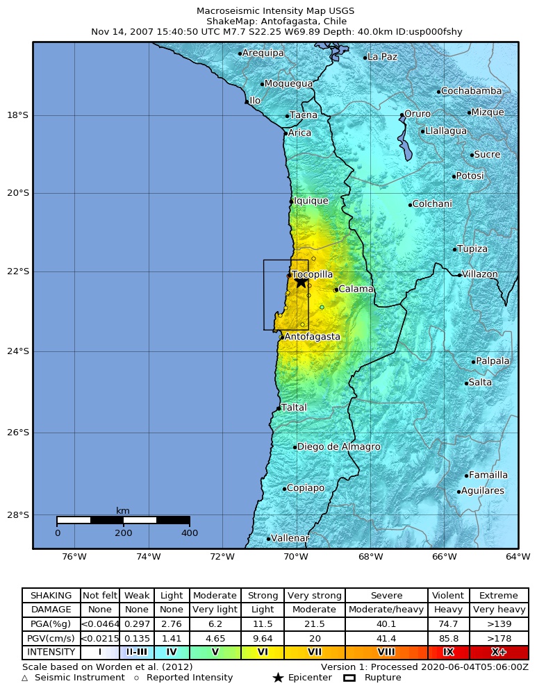 USGS ShakeMap: estimated shaking intensity around the epicenter