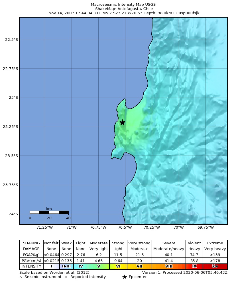 USGS ShakeMap: estimated shaking intensity around the epicenter