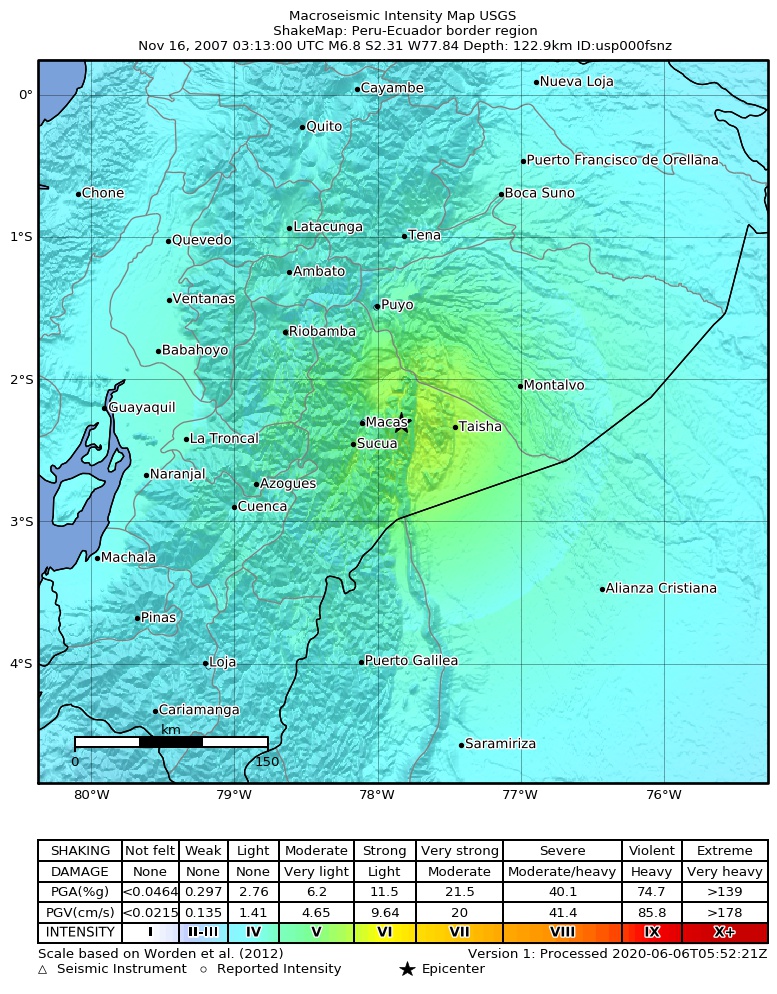 USGS ShakeMap: estimated shaking intensity around the epicenter