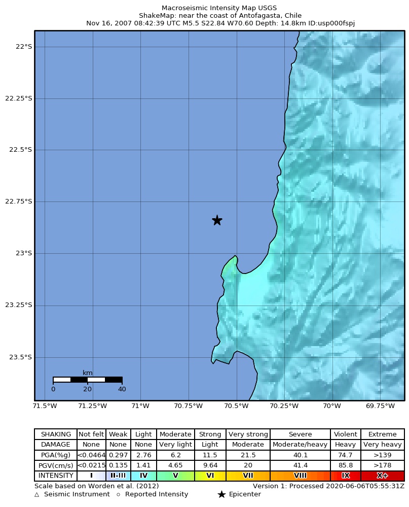 USGS ShakeMap: estimated shaking intensity around the epicenter