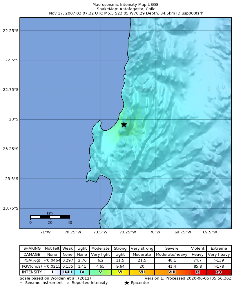 USGS ShakeMap: estimated shaking intensity around the epicenter