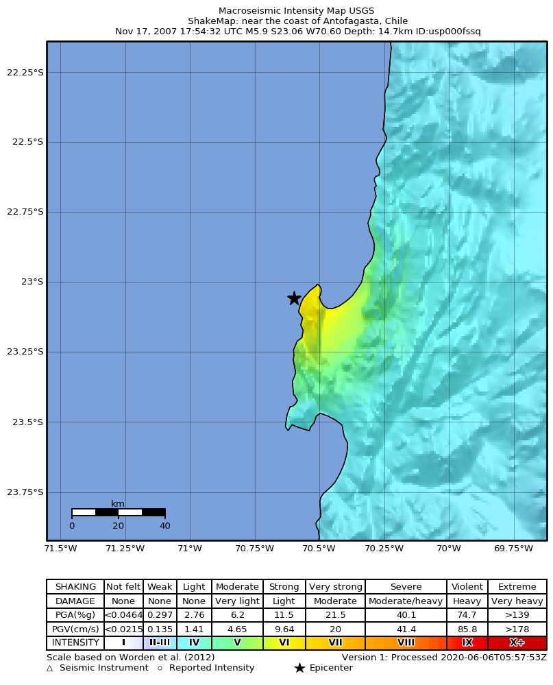 USGS ShakeMap: estimated shaking intensity around the epicenter