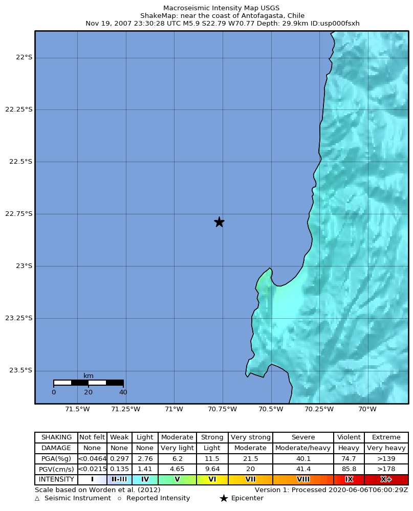 USGS ShakeMap: estimated shaking intensity around the epicenter