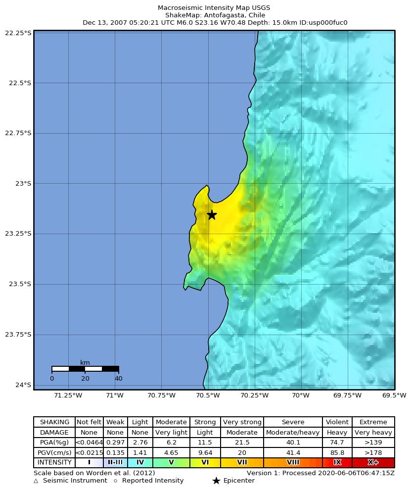 USGS ShakeMap: estimated shaking intensity around the epicenter