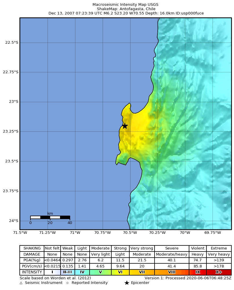 USGS ShakeMap: estimated shaking intensity around the epicenter