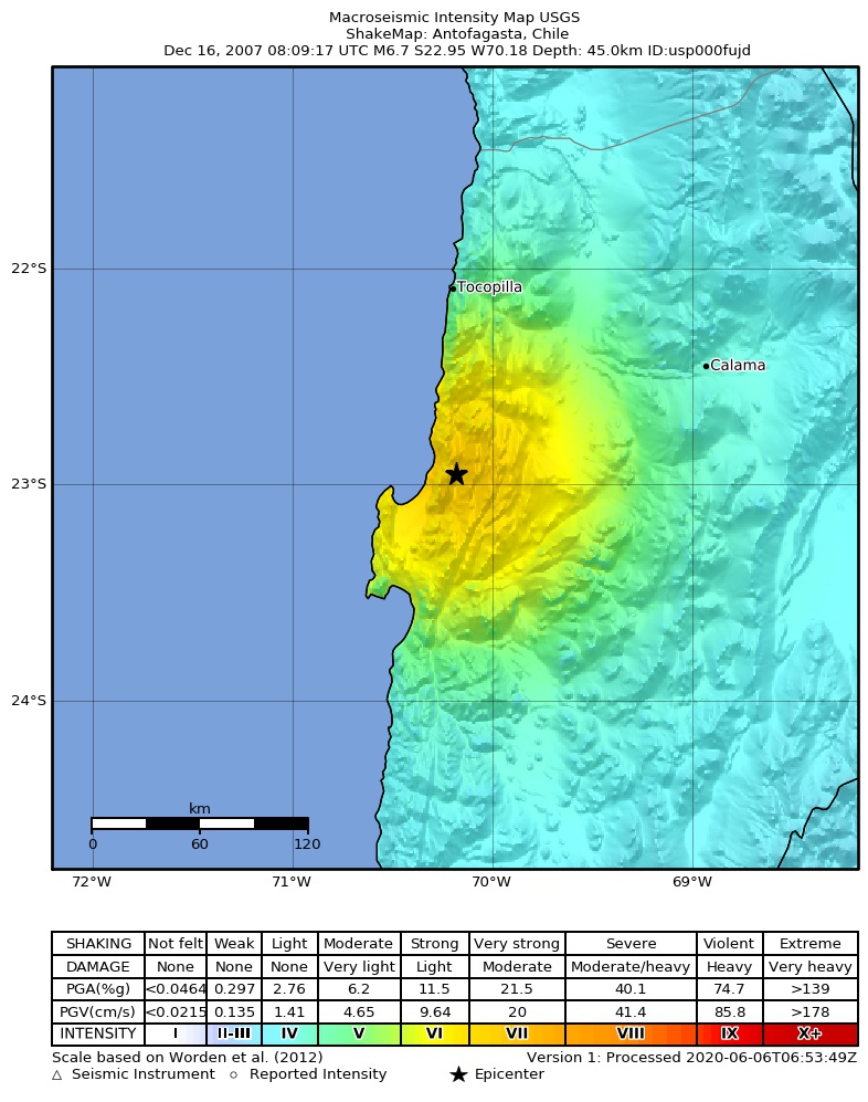 USGS ShakeMap: estimated shaking intensity around the epicenter