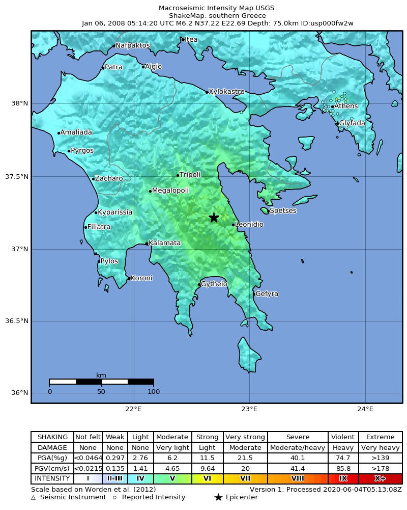 USGS ShakeMap: estimated shaking intensity around the epicenter
