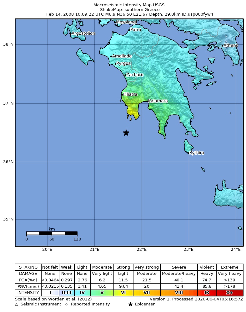 USGS ShakeMap: estimated shaking intensity around the epicenter