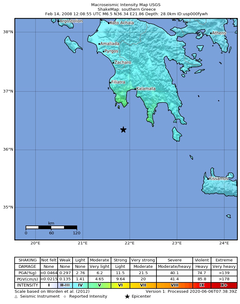 USGS ShakeMap: estimated shaking intensity around the epicenter