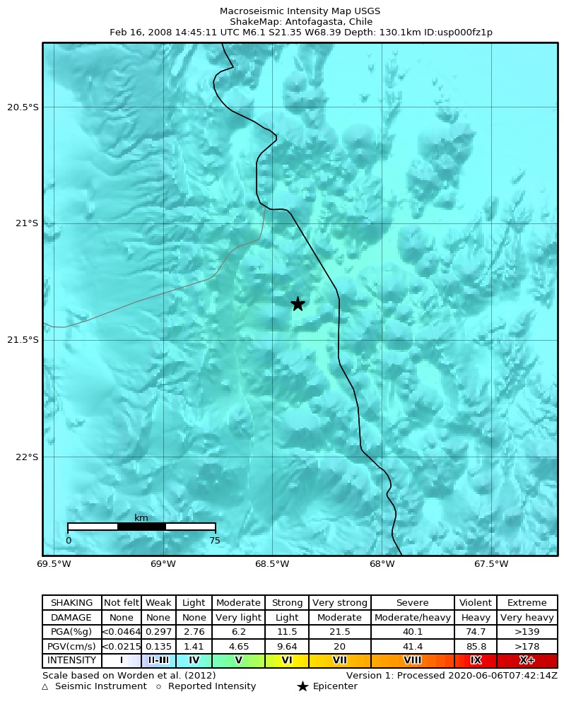USGS ShakeMap: estimated shaking intensity around the epicenter