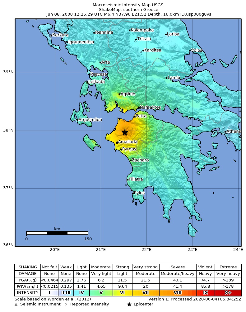 USGS ShakeMap: estimated shaking intensity around the epicenter