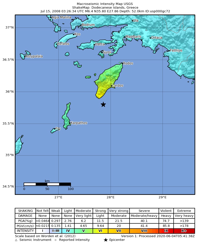 USGS ShakeMap: estimated shaking intensity around the epicenter