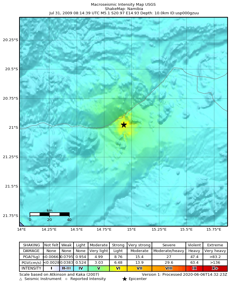 USGS ShakeMap: estimated shaking intensity around the epicenter