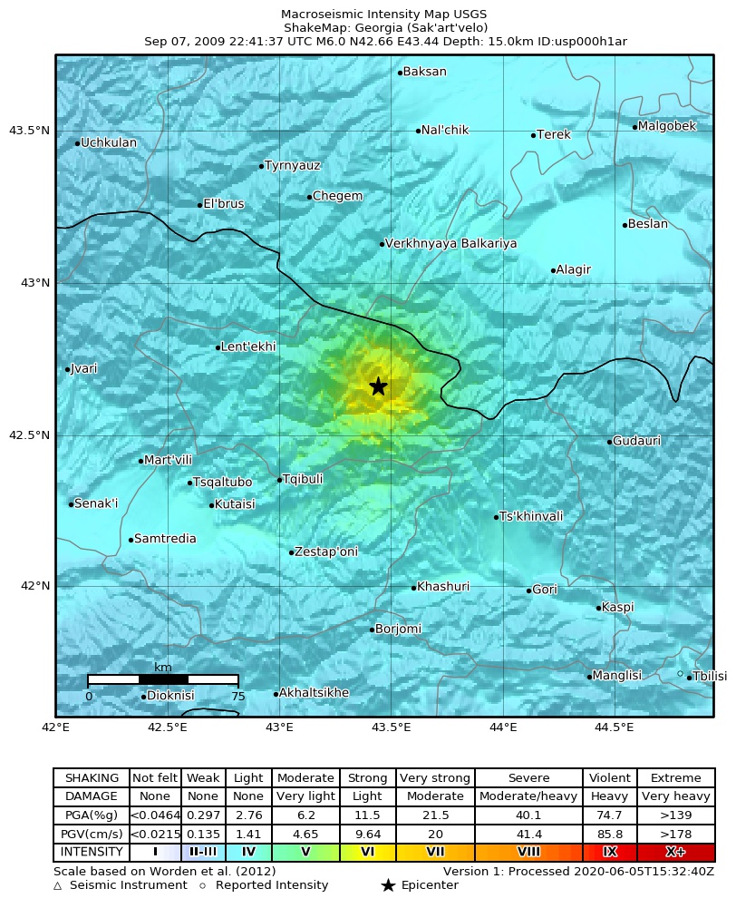 USGS ShakeMap: estimated shaking intensity around the epicenter