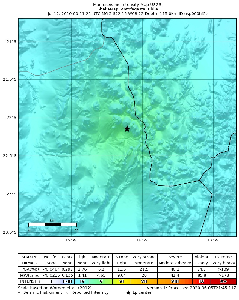USGS ShakeMap: estimated shaking intensity around the epicenter